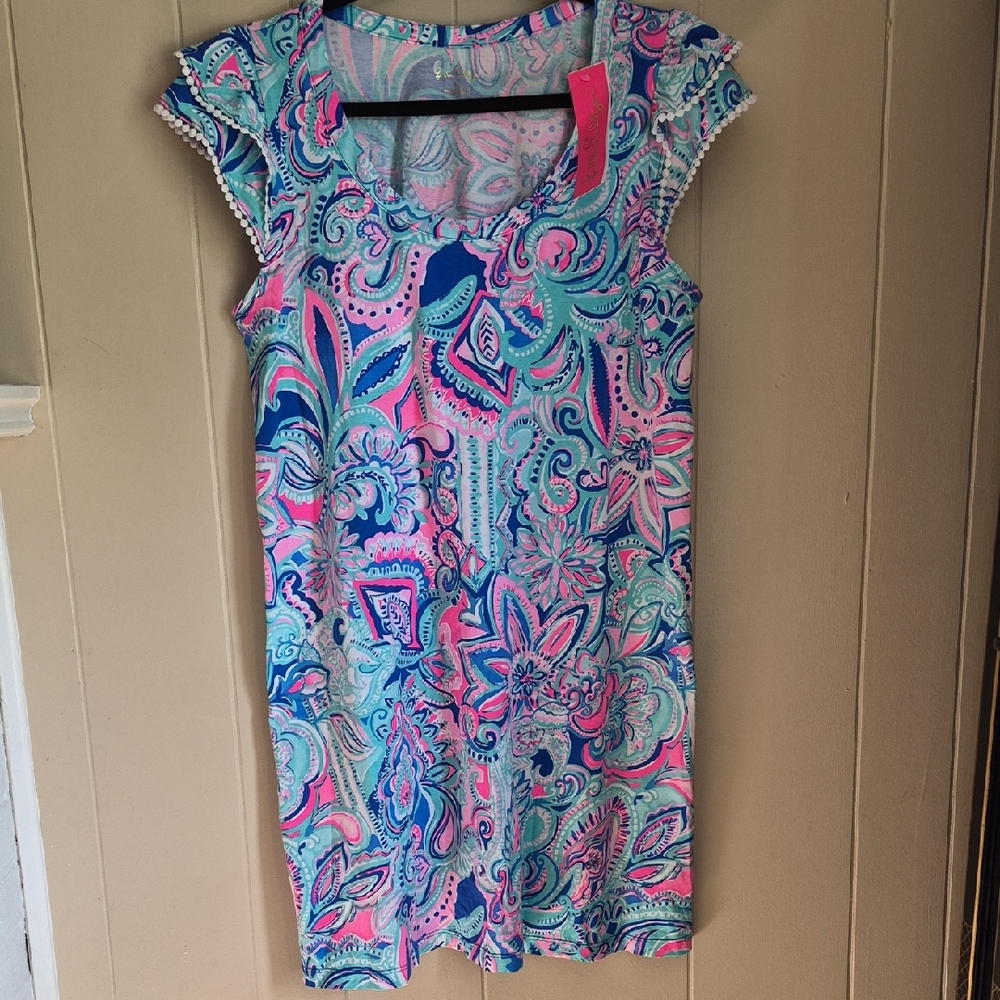 Lilly Pulitzer XL Bridgitte Pink & Blue Paisley Cap-Sleeve Shift Dress NWT